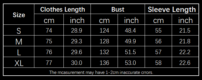 Size chart for a beige winter lapel plaid coat with belt displaying measurements in centimeters and inches for sizes S through XL.