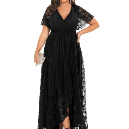 Ever-Pretty Plus Womens V Neck Ruffles Sleeves Lace Summer Plus Size Semi Formal Dress for Curvy Women Black US26