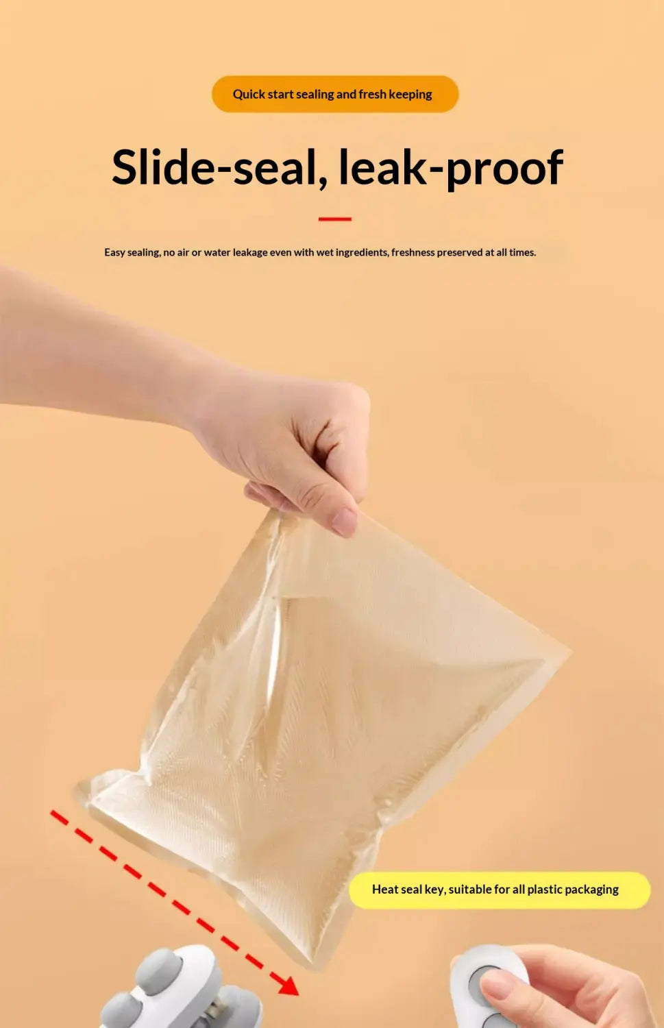 clear plastic slide-seal bag with a heat seal key for easy leak-proof sealing of wet ingredients included with a portable usb heat sealer and magnetic storage clip.