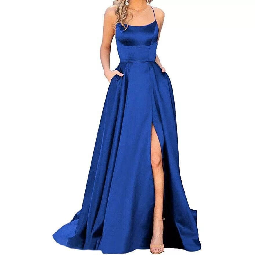 A solid color long slimming royal blue satin evening gown featuring a square neckline, thin spaghetti straps, and a high slit perfect for shoulder hollow girlfriends.