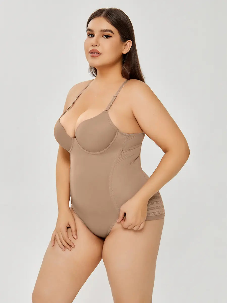 Beige plus size ultra firm control body shaper swimsuit with thin straps and lace trim at the leg opening designed for firm control body shaping.