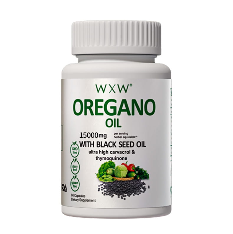 white plastic bottle of wxxw oregano oil dietary supplement with green labeling and white ribbed cap for black seed oil capsules.
