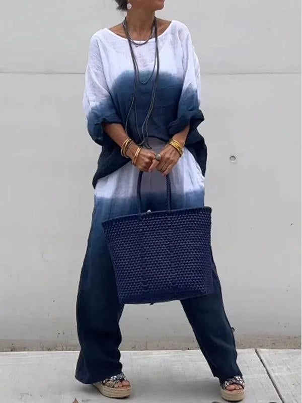 Women's cotton linen gradient two-piece set – Navy Blue