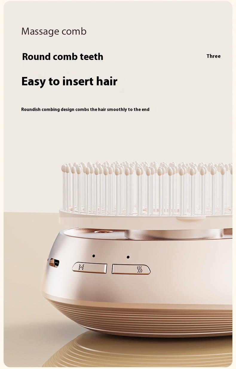 A sleek rose gold-colored electric spray massage comb with rounded translucent bristles designed for gentle hair care spray and smoothing.