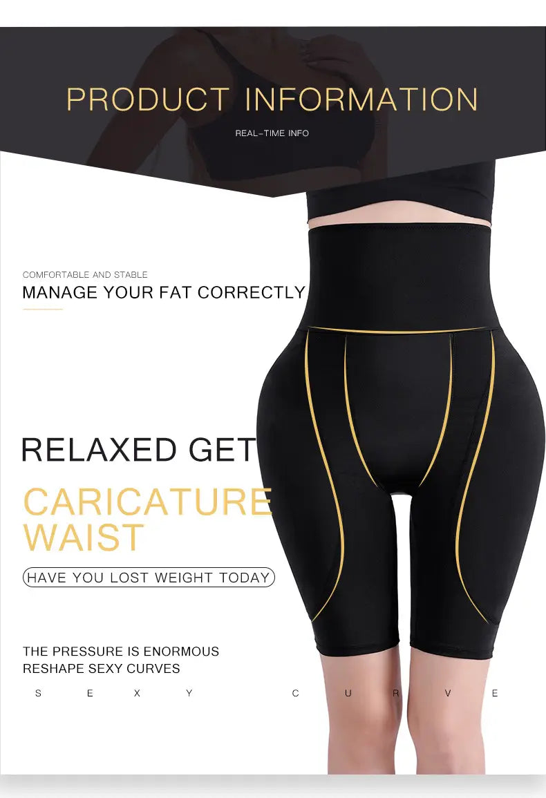 Black high waist body shaper with gold accent stitching designed for tummy control and fat burning high butt lifting.