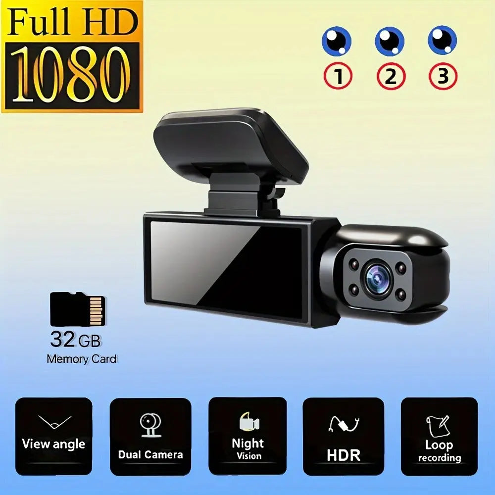Black dual lens dash cam with a built-in screen and sleek compact design featuring a 32g memory card for enhanced recording capacity.