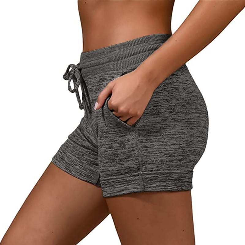 gray heathered women shorts with stretch sports fabric feature a drawstring waistband and side pockets for active use.