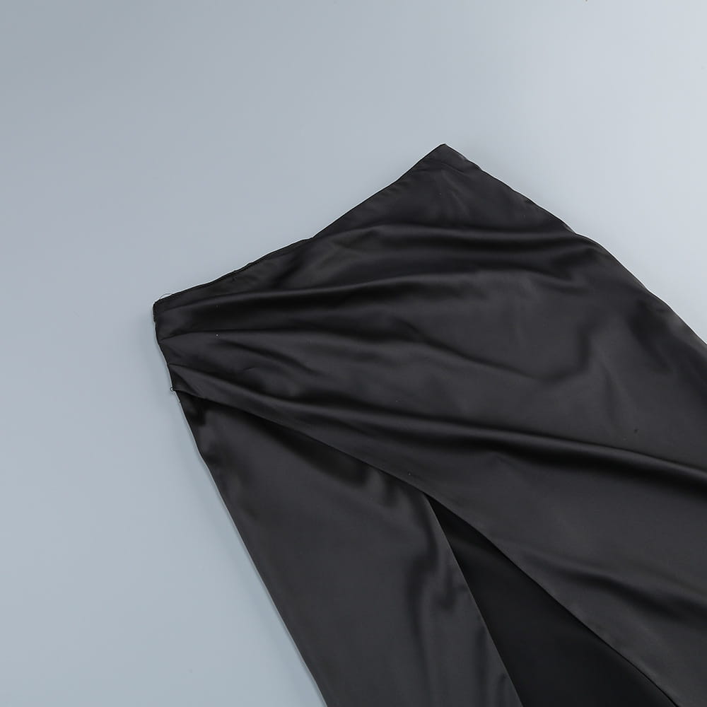 black satin fabric with a smooth glossy finish and soft folds featured in a one-shoulder slit mop black two-piece set sexy lacing dress