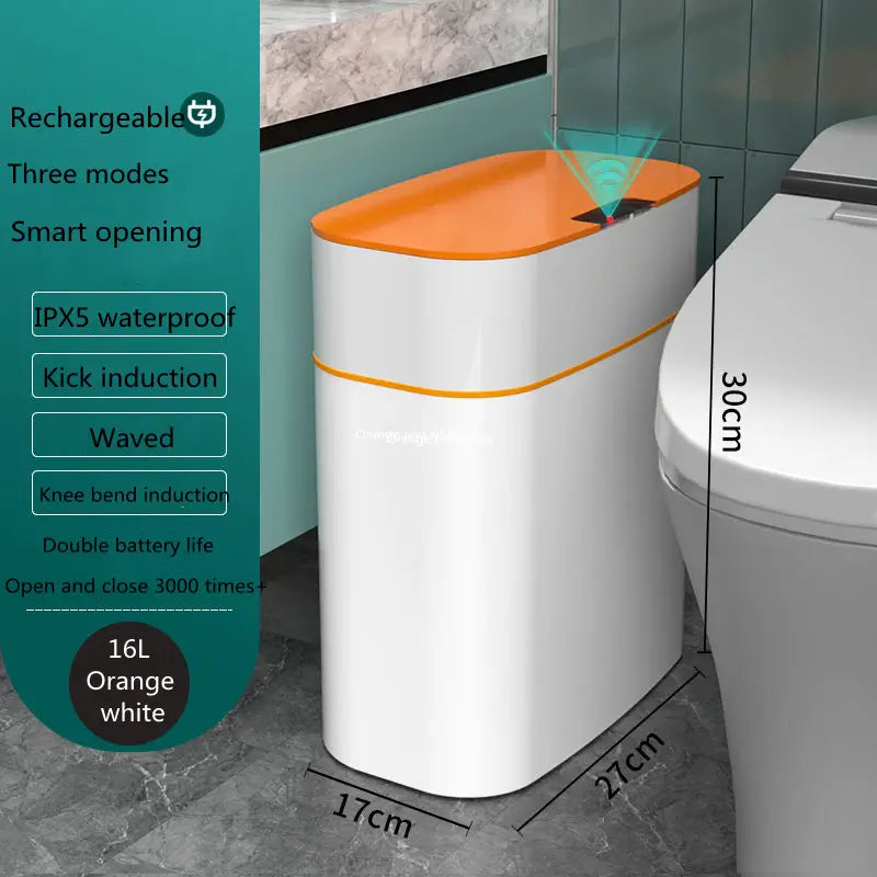 A sleek 16l orange and white smart trash bin with a modern cylindrical design and sensor open lid function ideal for living room kitchen use.