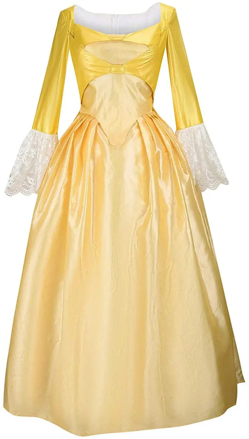 a shimmering gold satin victorian palace dress with long sleeves and delicate white lace cuffs featuring a fitted bodice with a central bow accent for palace dress stage performance use