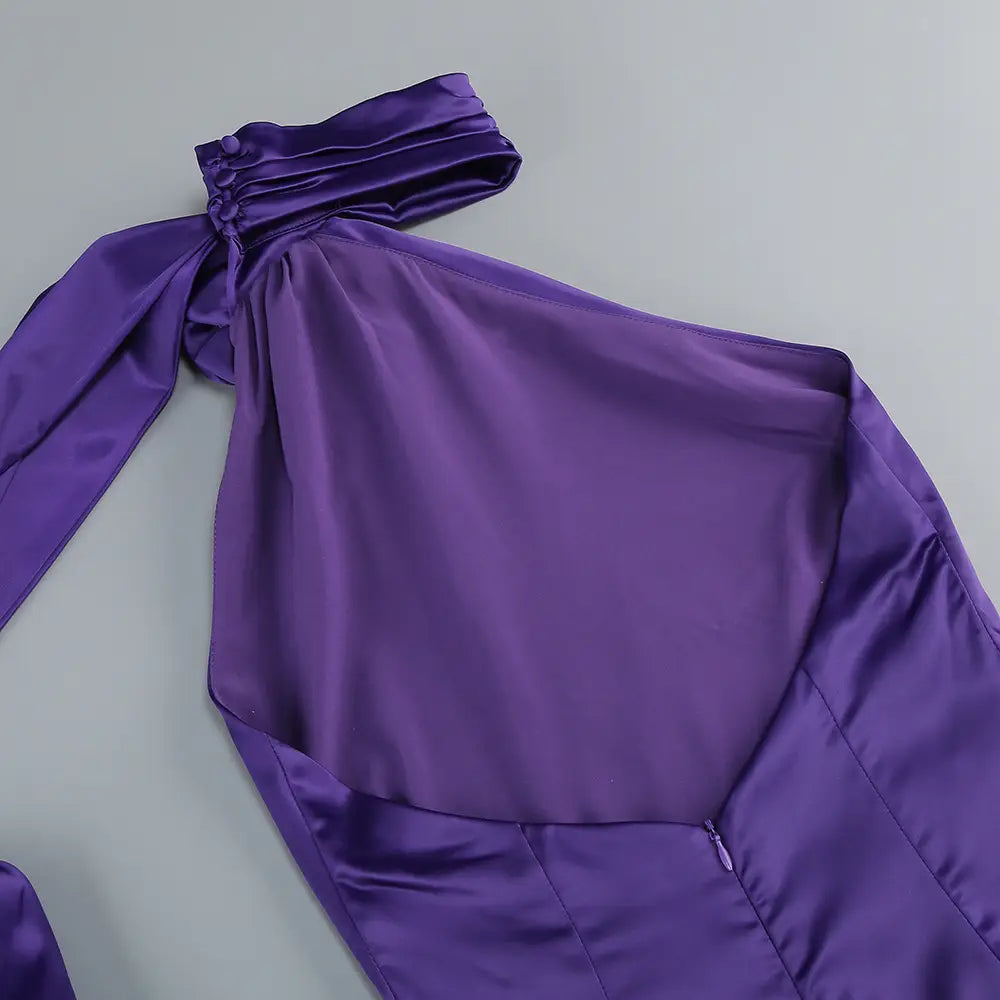 A sleek one shoulder fitted high waist purple satin rose gown featuring a draped neckline and subtle seam detailing in a high waist pure color.