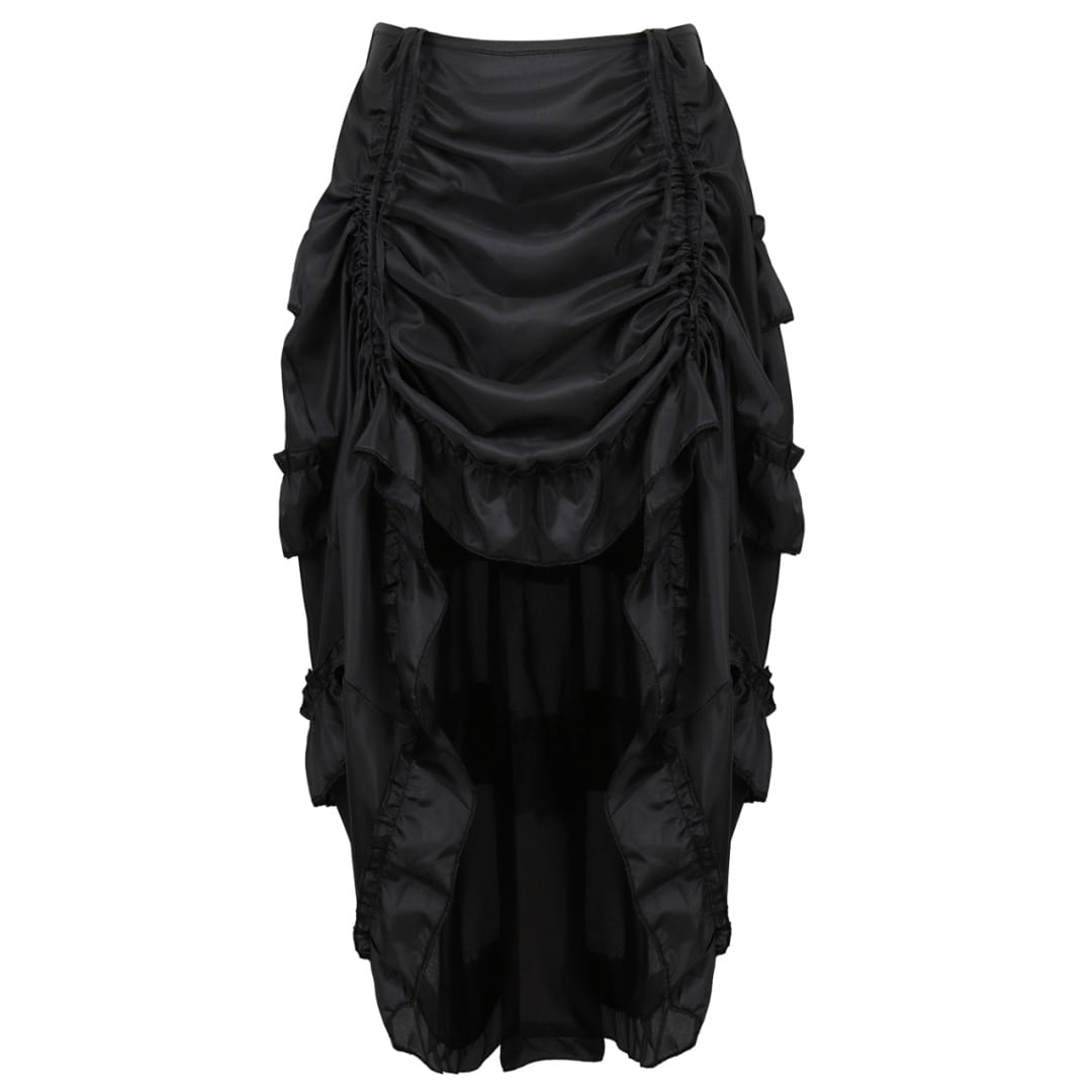 black satin high waisted court irregular skirt featuring ruched detailing and layered flowing tiers showcasing the irregular skirt character and skirt character uniform design
