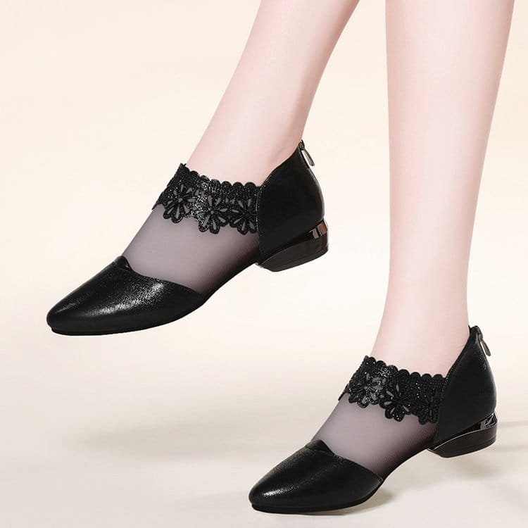 Black lace-edged mesh women’s sandals tide featuring glossy leather toe cap and low block heel.