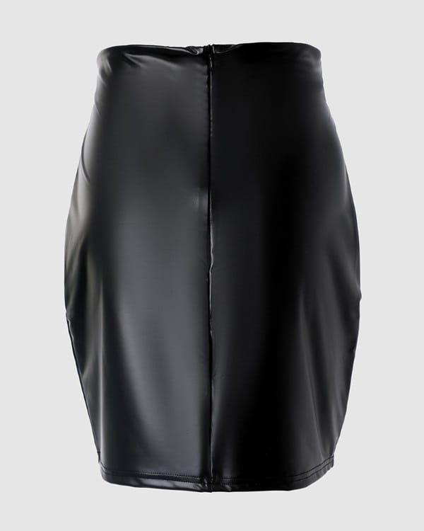 ruched black high waist tight pu leather mini skirt with black faux leather material, a central front zipper, and a smooth glossy finish.