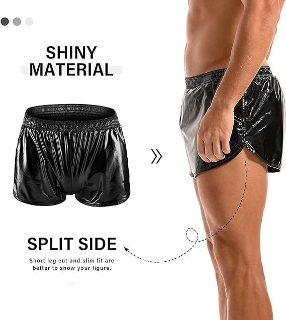 Mens loose casual black shiny material shorts with a split side design from emerald metallic featuring loose casual trendy casual trendy shorts.