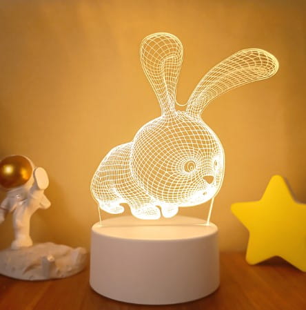 A white wireframe 3d rabbit lamp with a glowing illuminated design featured in the dolphin 3d led night light colorful touch remote control with colorful touch remote functionality.