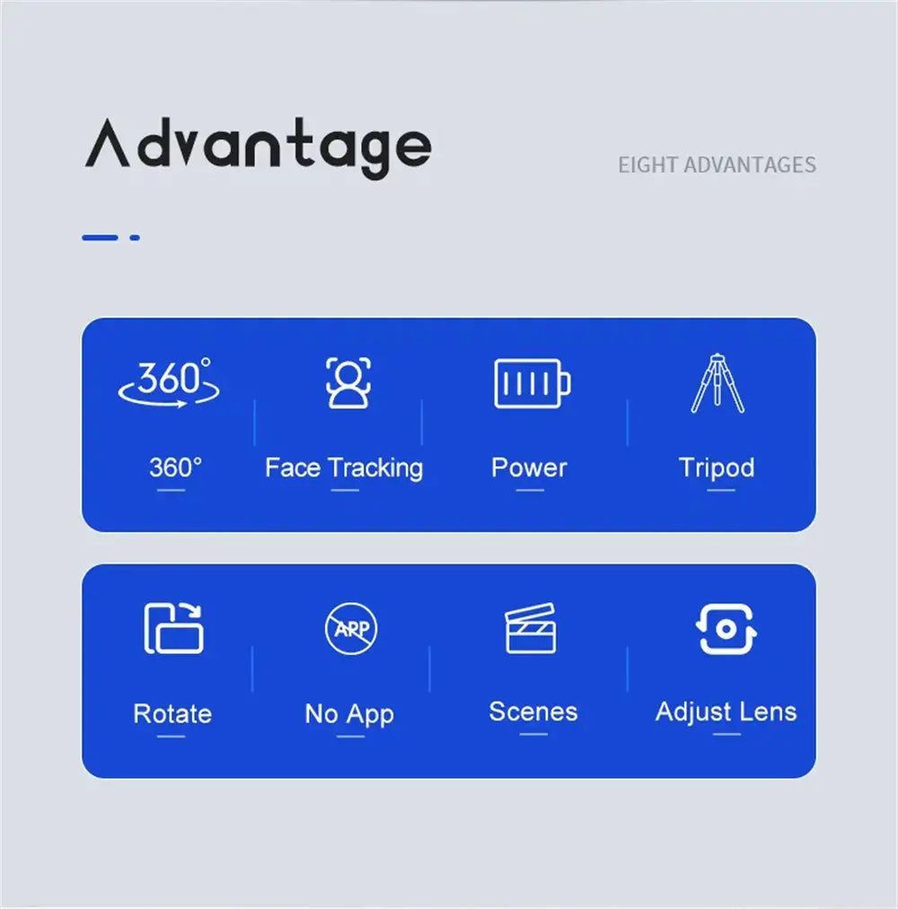blue rectangular graphic displaying eight camera feature icons for the ai smart face tracking gimbal phone holder highlighting face tracking and phone holder capabilities.