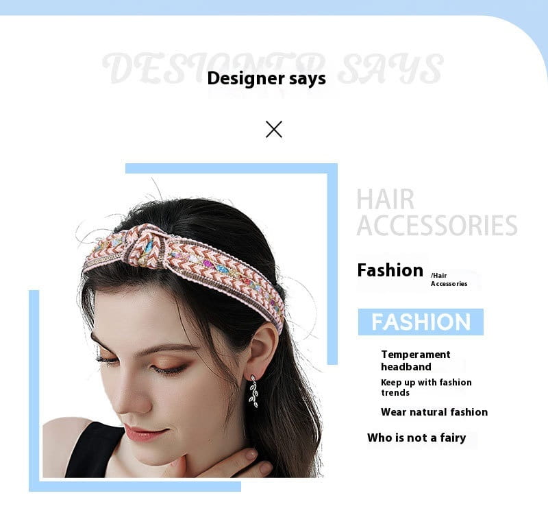 a decorative woven fabric knotted hair headband in pink and beige with colorful embroidered accents from the mint green knotted hair accessories bohemian collection