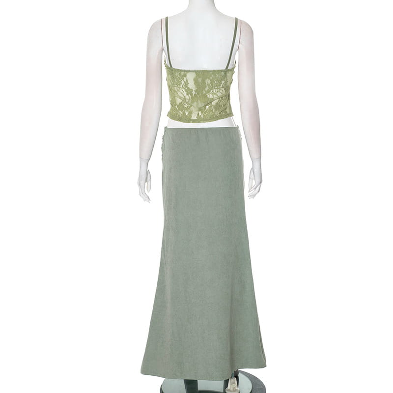 olive green lace backless tube crop top with thin straps paired with a matching sage gray floor-length skirt featuring sling stitching ruffle and stitching ruffle hip detailing.