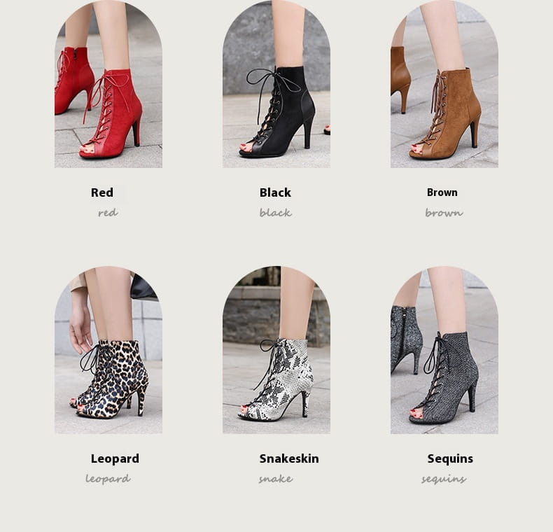 red suede lace-up high-heeled ankle boots with peep toe frosted design suitable for frosted casual shoes use