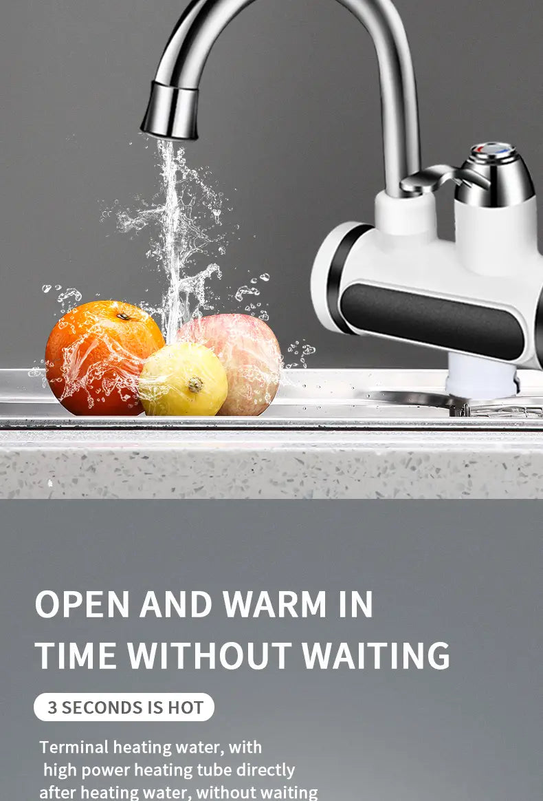 Silver and white kitchen electric water heater faucet with black accent designed for instant hot water and digital display.