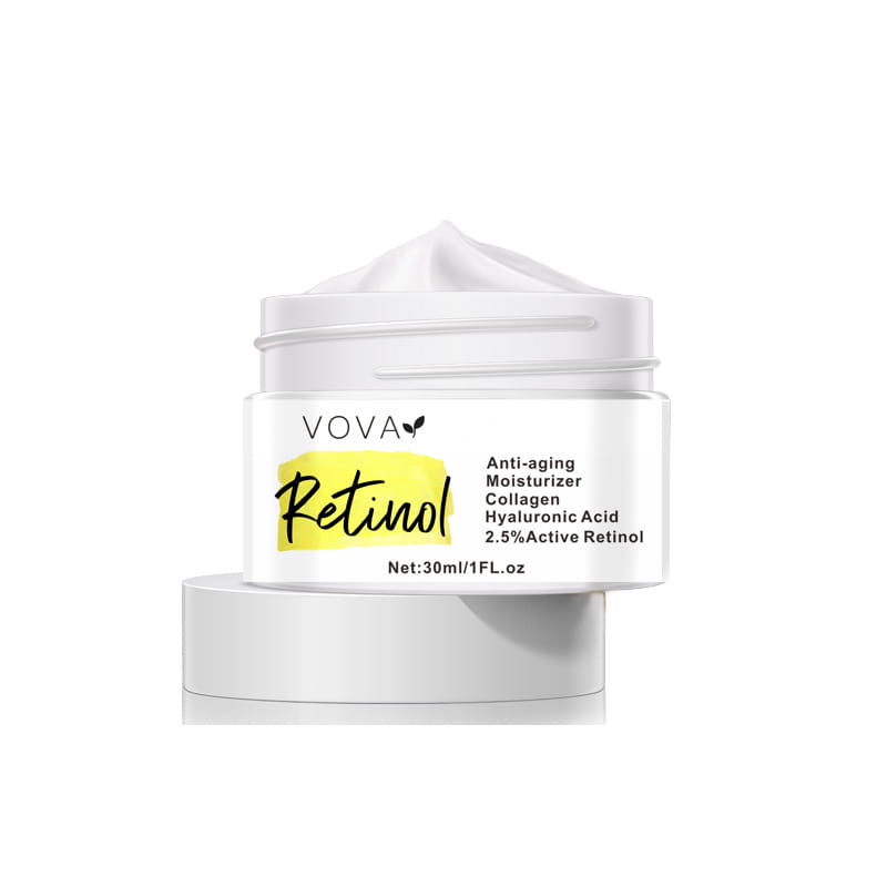 vova brand white jar of retinol anti-aging moisturizer face cream 30ml with a yellow label and visible cream on top