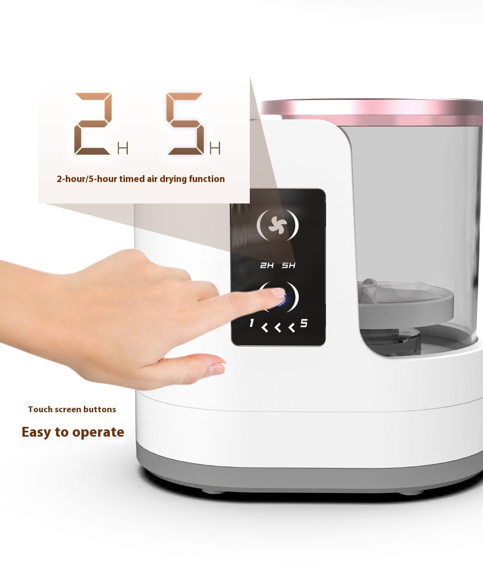white and rose gold electric makeup brush cleaner with digital timer and touch screen control panel for efficient brush cleaning