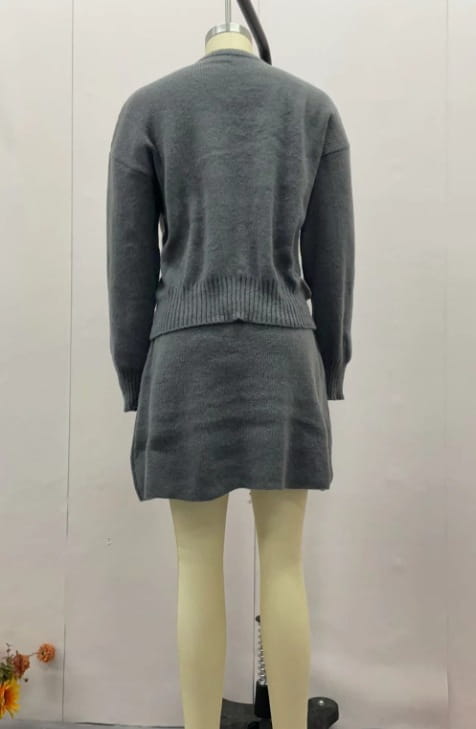 gray knit long sleeve sweater dress with ribbed hem as part of green sweater skirt sets pieces knit casual collection