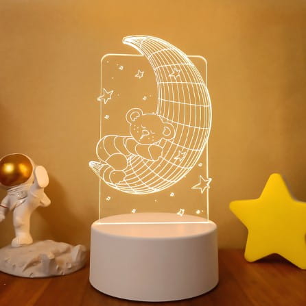 white acrylic 3d night light featuring a glowing crescent moon with a teddy bear nestled inside and star patterns, designed as a dolphin 3d led night light with colorful touch remote control lights.