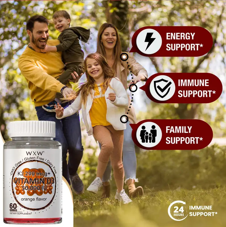 transparent bottle containing orange wxw brand vitamin d3 k2 supplementing granules soft candy each piece with 200mcg k2 and 50,000iu d3 in 60 count packaging