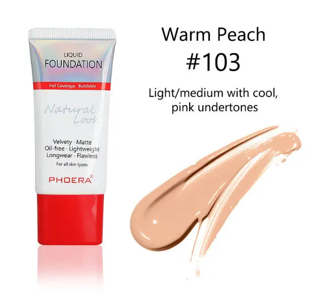 porcelain 101 matte silky tube liquid foundation shown as warm peach 103 tube liquid foundation in a sleek white and red tube with iridescent silver cap designed for a natural matte finish.
