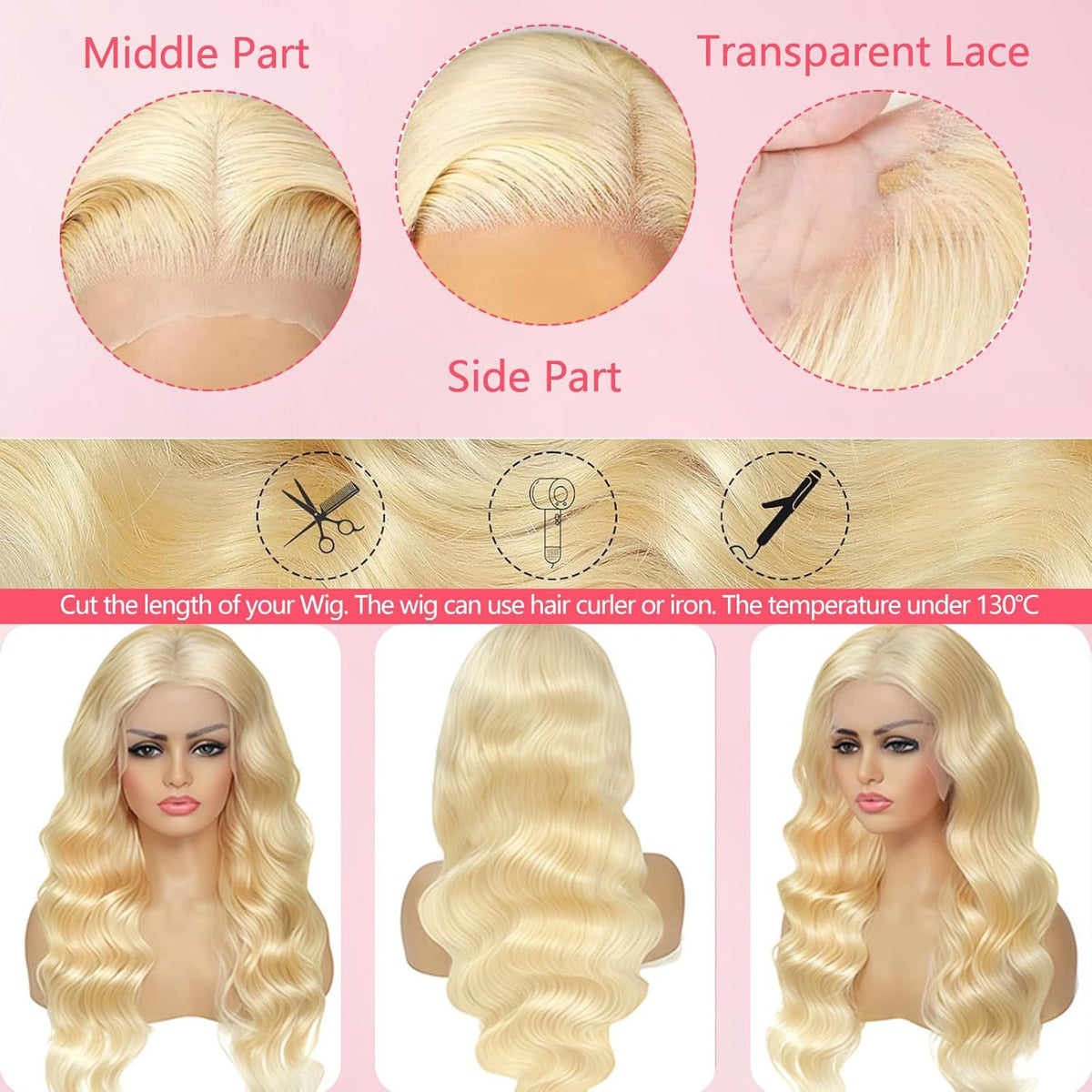 Golden long curly synthetic lace front wig with side bangs – view 4
