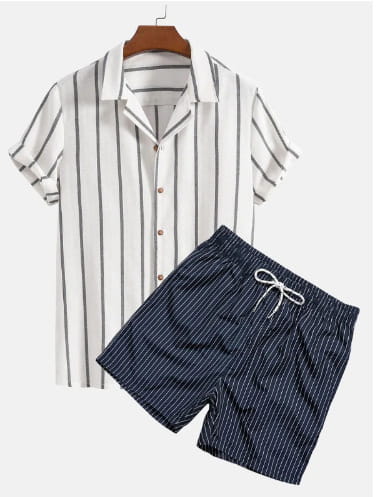 striped short sleeve beach shirt and matching navy shorts with white drawstring in orange palm print short sleeve beach shirt suit.