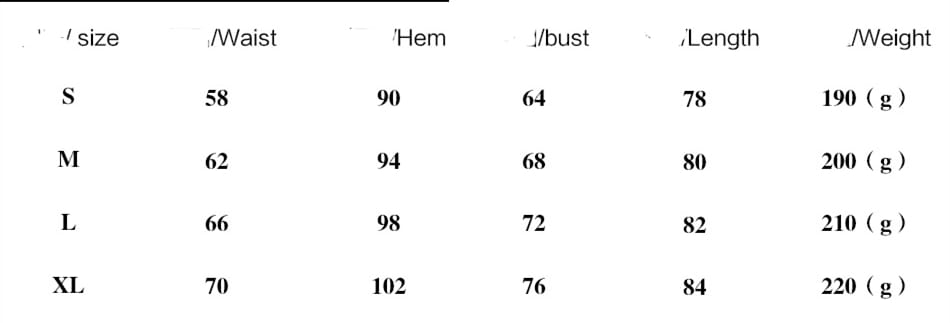 Size chart in centimeters for female ghost clothes adult stage plaid skirt set displaying measurements from size s through xl.