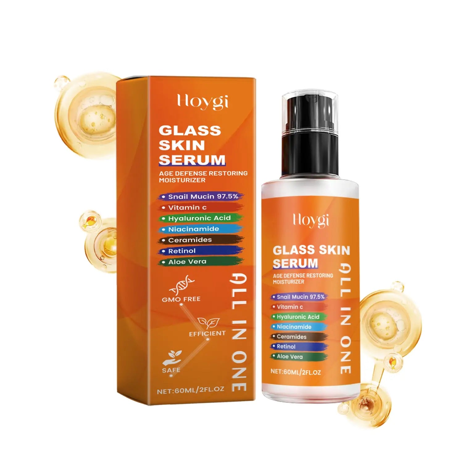 orange-tinted glass bottle with black pump and matching box labeled hoygi glass skin serum featuring active ingredients snail mucin and hyaluronic acid in a snail anti-aging facial glass skin serum product.