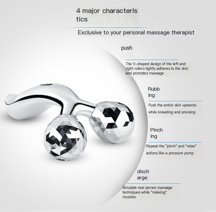 Silver facial roller massage device featuring faceted gemstone-like spheres and a sleek v-shaped handle in a massage device image