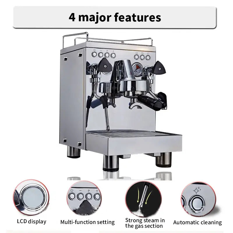 stainless steel semi-automatic espresso machine with dual group heads and a sleek professional design for commercial and home use