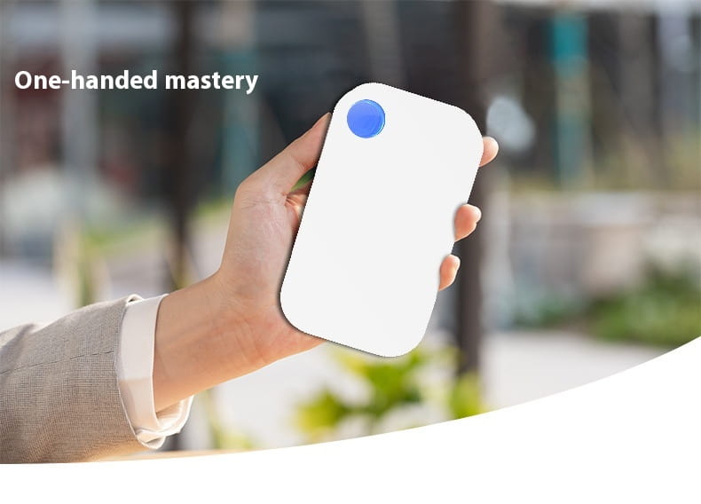 White rectangular portable household anion purifier with a blue circular button on the top left corner for effective anion purifier odor removal.