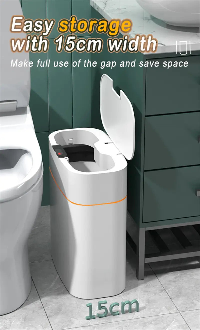 White smart trash can with hinged lid and orange accent stripe designed for compact storage in living room kitchen and bathroom.