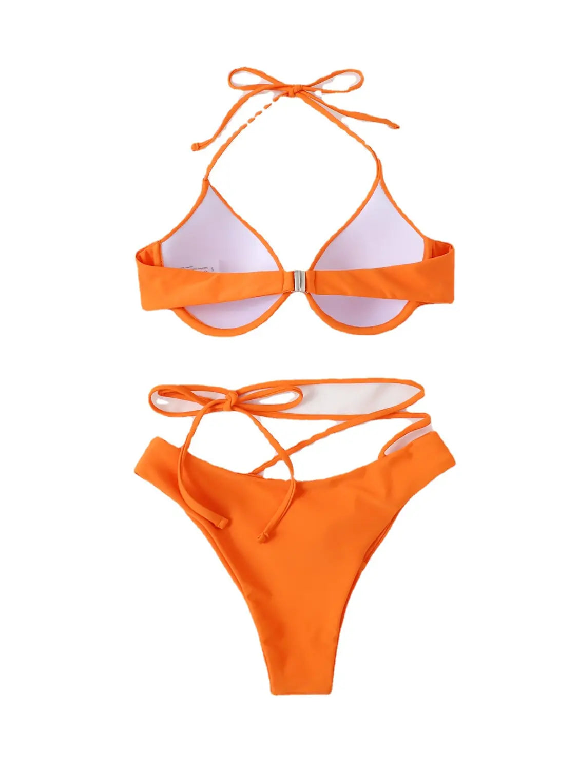 Bright orange crisscross split bikini set featuring a halter-style top with a silver clasp and tied-back straps.