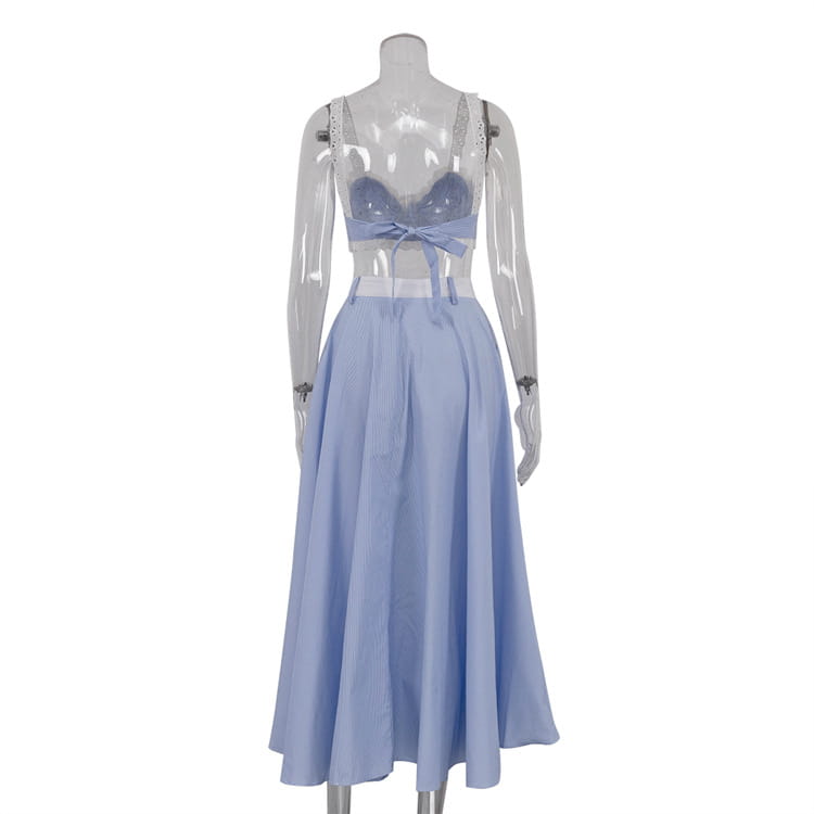 a light blue lace splicing sling vest two-piece outfit featuring a delicate splicing sling vest bralette with straps and a matching pleated big swing skirt