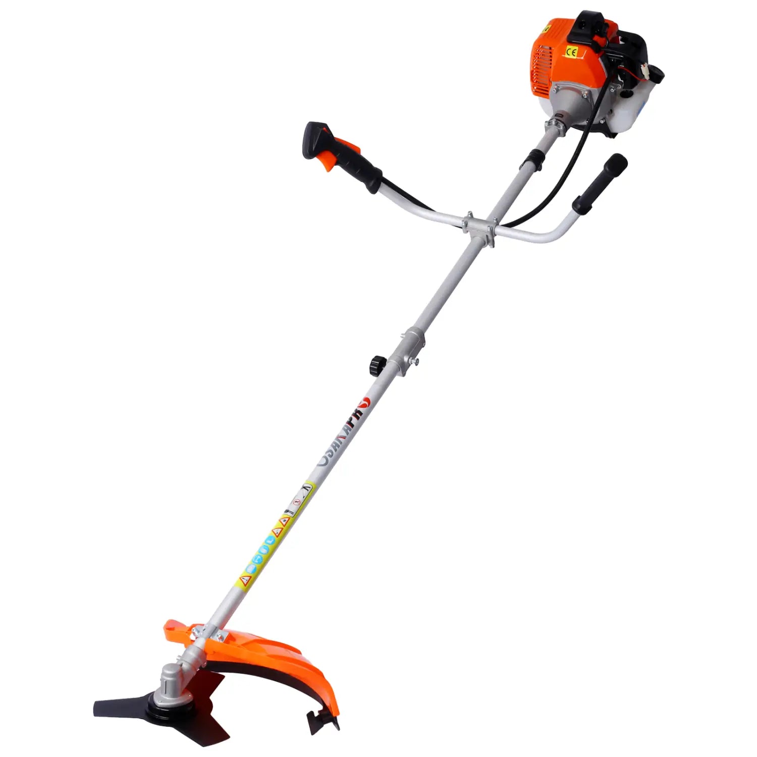 Orange and black gas powered brush cutter with a silver metal shaft and adjustable handle designed for plastic pruning tools use.