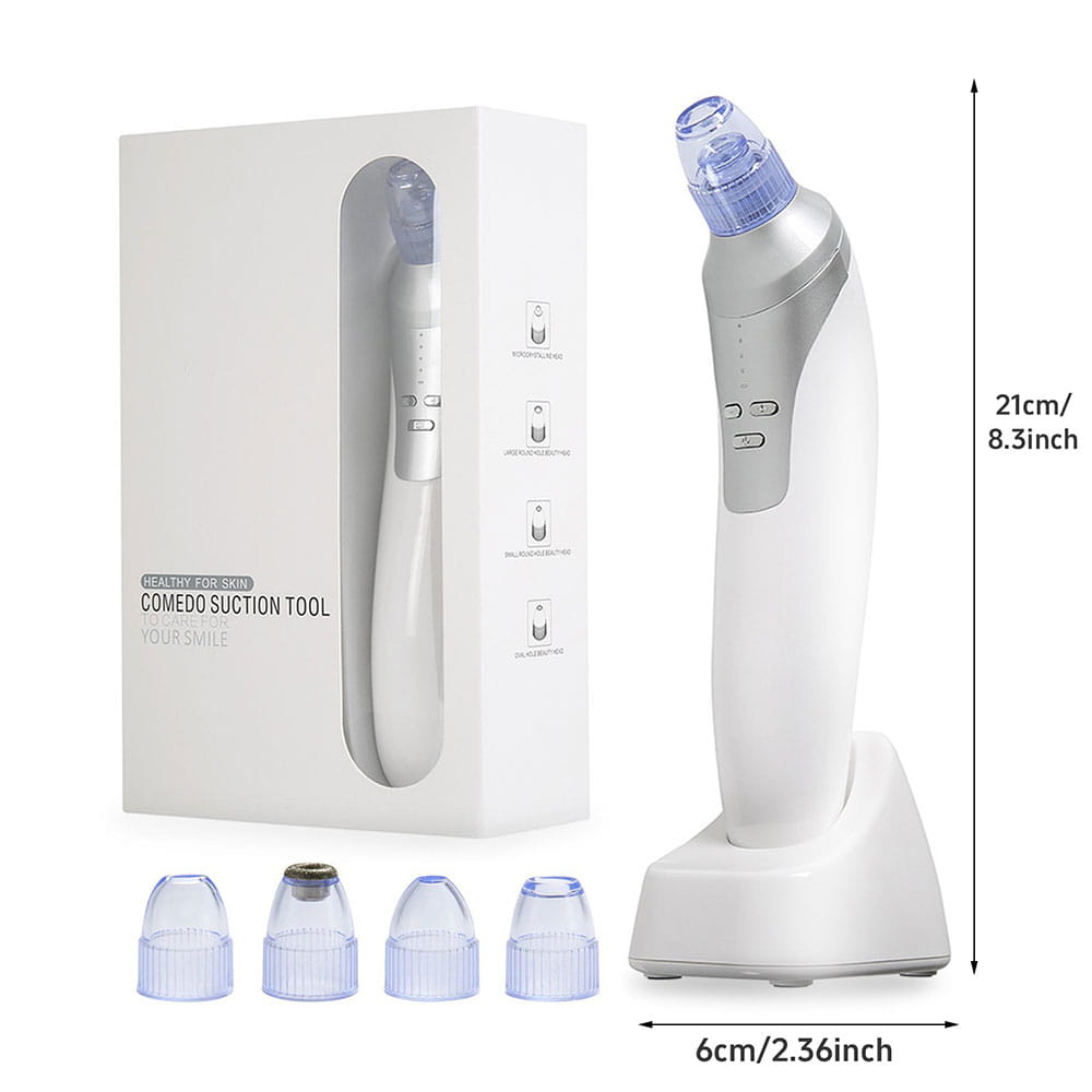 White and silver electric blackhead suction instrument with a translucent blue interchangeable tip and base for effective blackhead suction.