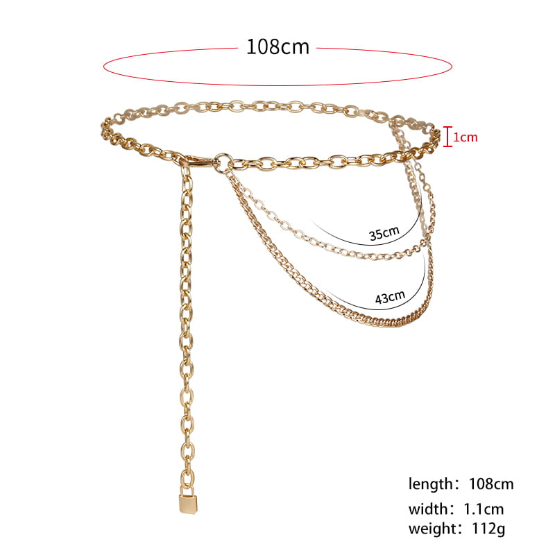 Gold-toned chain belt with layered chains and a padlock pendant designed as silver chain belt summer body jewelry for body jewelry hip and jewelry hip hop styles.