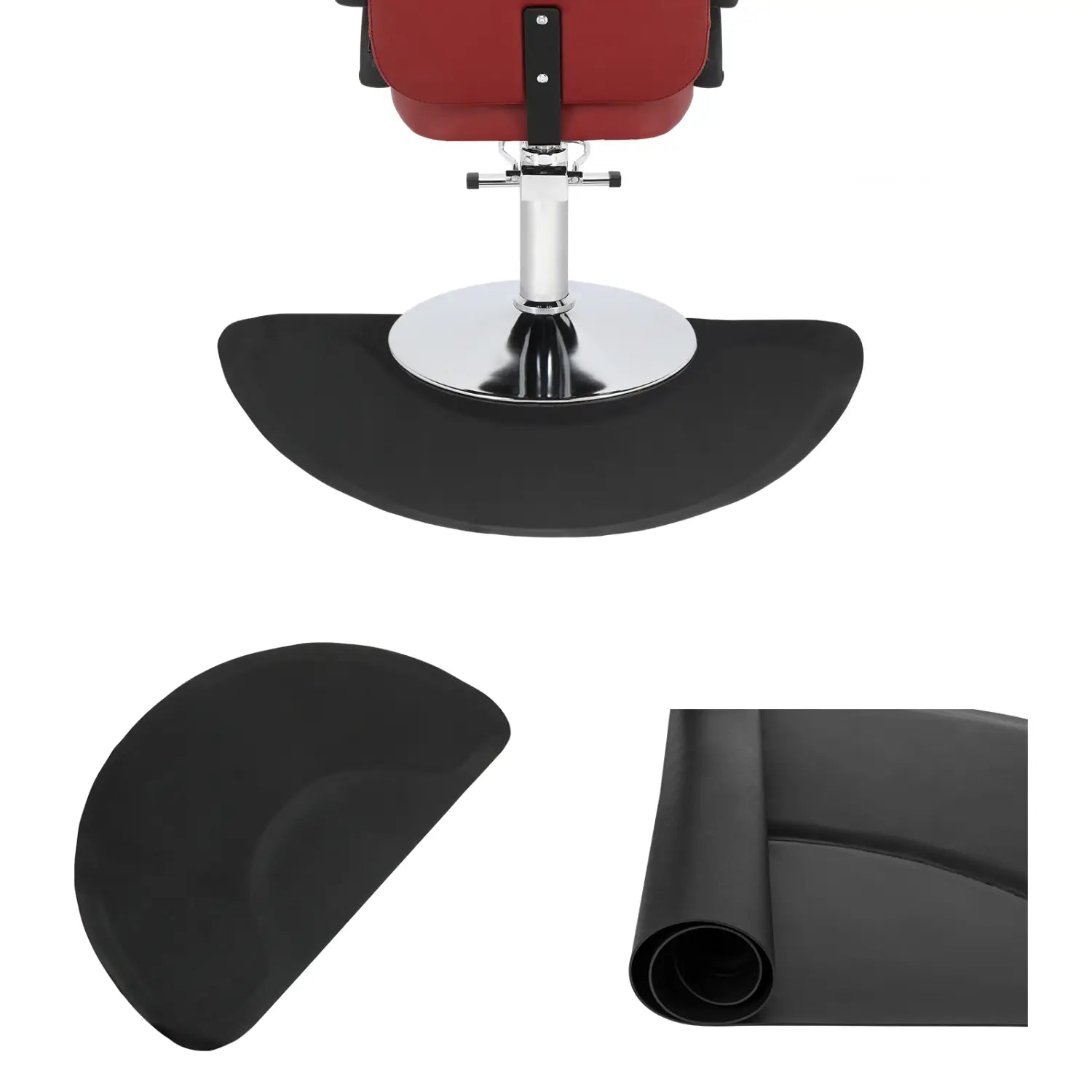 outer circle black salon mat is a black semi-circular mat designed to fit under a barber chair base for salon use