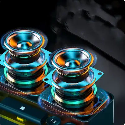 two sleek metallic wireless bluetooth speakers with vibrant blue and orange gradient finish for rgb gaming keyboard multimedia use