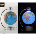 A glowing 8 inch globe magnetic suspension office decoration with vibrant map illuminated by led lights from metallic base