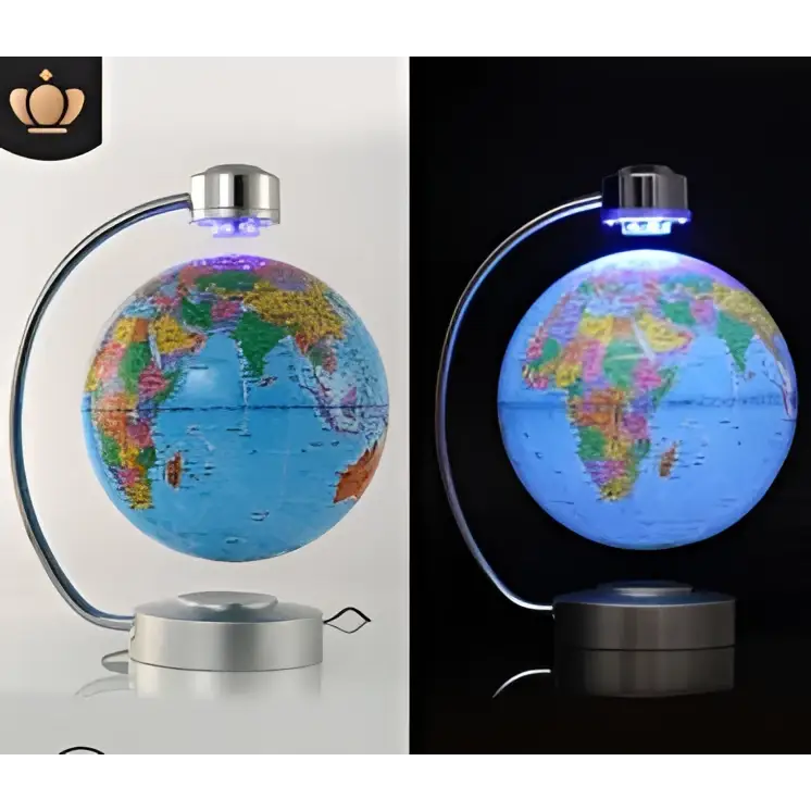 A glowing 8 inch globe magnetic suspension office decoration with vibrant map illuminated by led lights from metallic base