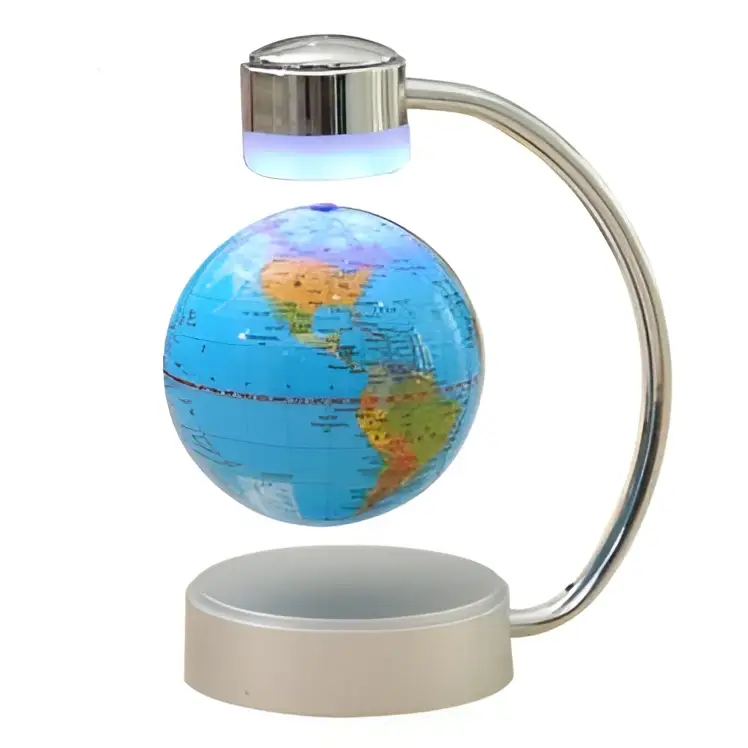 Eight inch globe magnetic with blue ocean and detailed landmasses in magnetic suspension office decoration with silver base