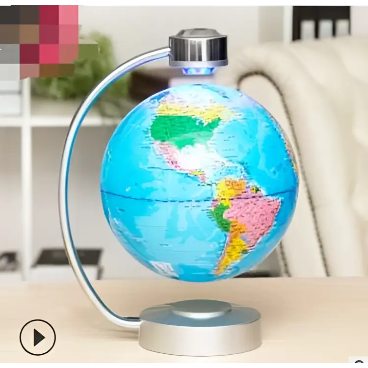 8 inch globe magnetic with blue ocean and colorful landmasses on a sleek silver base for magnetic suspension office decoration